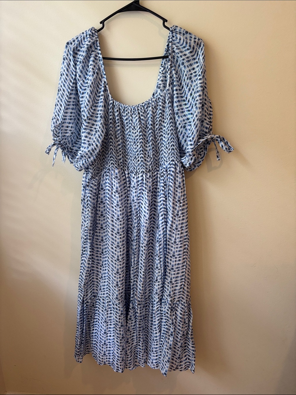Light and dark Blue Printed Midi Dress with Smocked Bodice